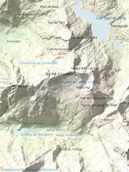 Mapa de relieve de Besiberri Sud, 3023 m, Alta Ribagorça, lámina 100 Cims de Trobart. Detalle de la zona superior izquierda. 30 × 40 cm.