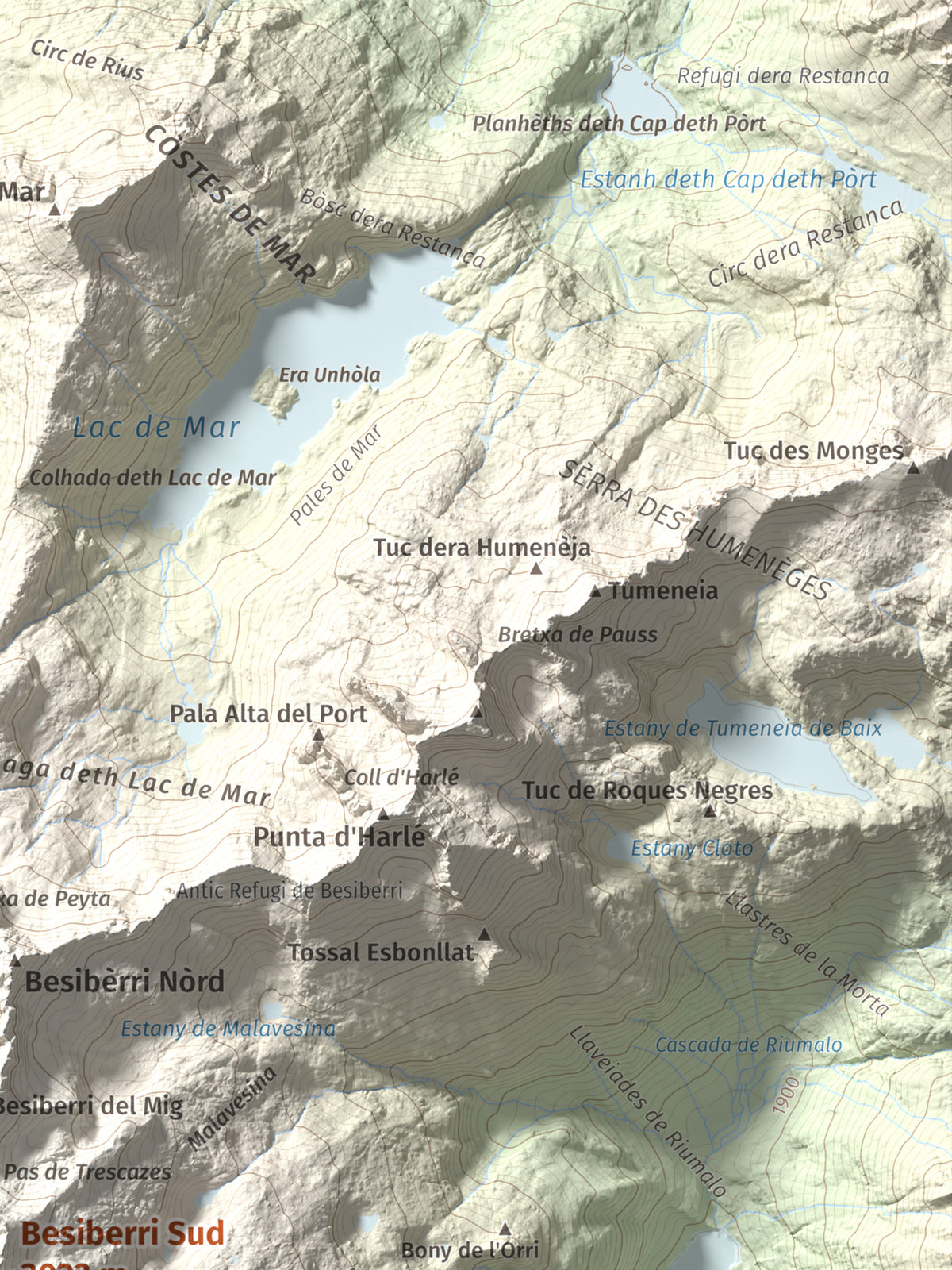 Mapa de relieve de Besiberri Sud, 3023 m, Alta Ribagorça, lámina 100 Cims de Trobart. Detalle de la zona superior derecha. 30 × 40 cm.