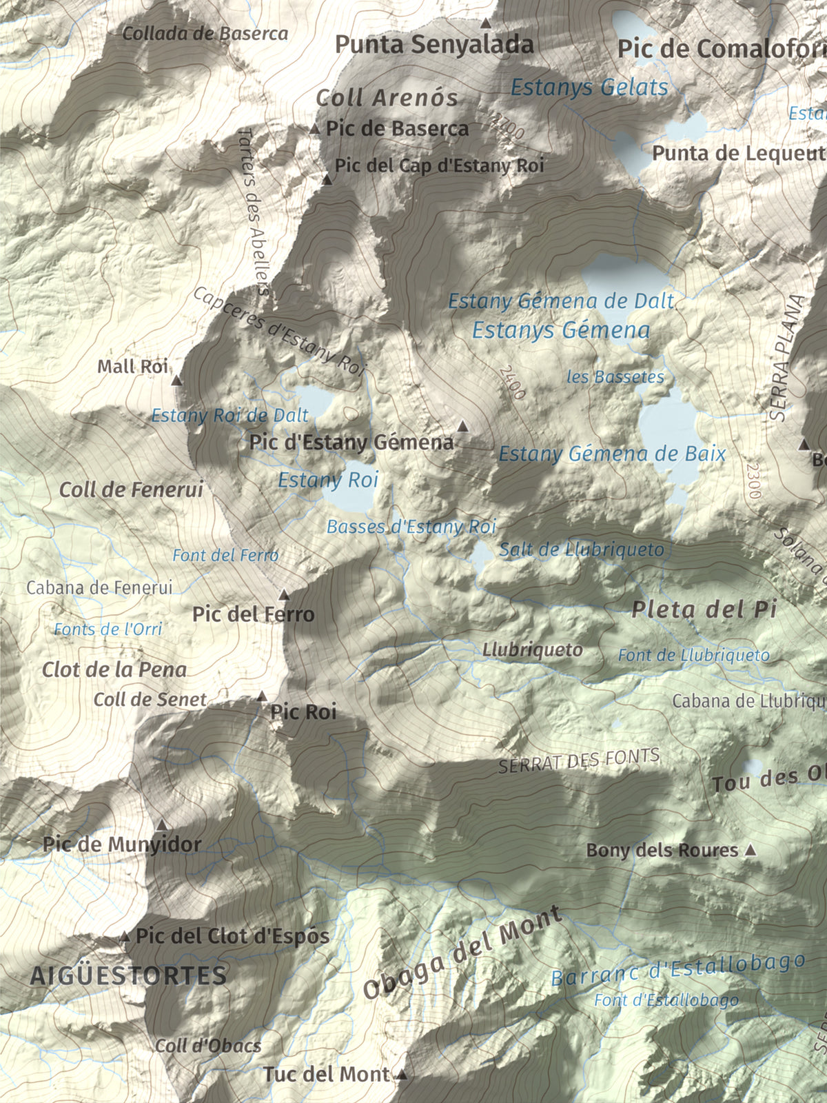 Mapa de relieve de Besiberri Sud, 3023 m, Alta Ribagorça, lámina 100 Cims de Trobart. Detalle de la zona inferior izquierda. 30 × 40 cm.