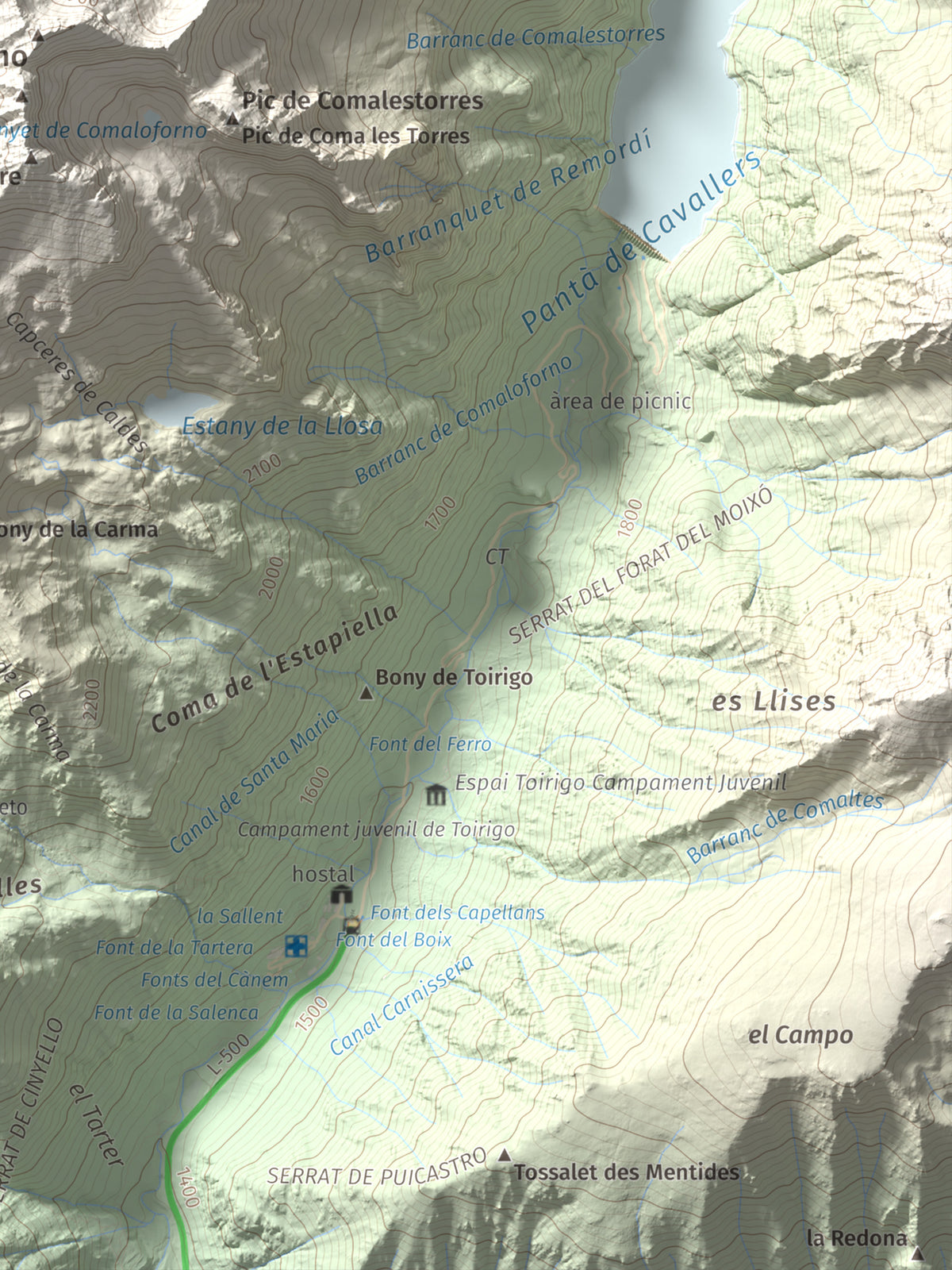 Mapa de relieve de Besiberri Sud, 3023 m, Alta Ribagorça, lámina 100 Cims de Trobart. Detalle de la zona inferior derecha. 30 × 40 cm.