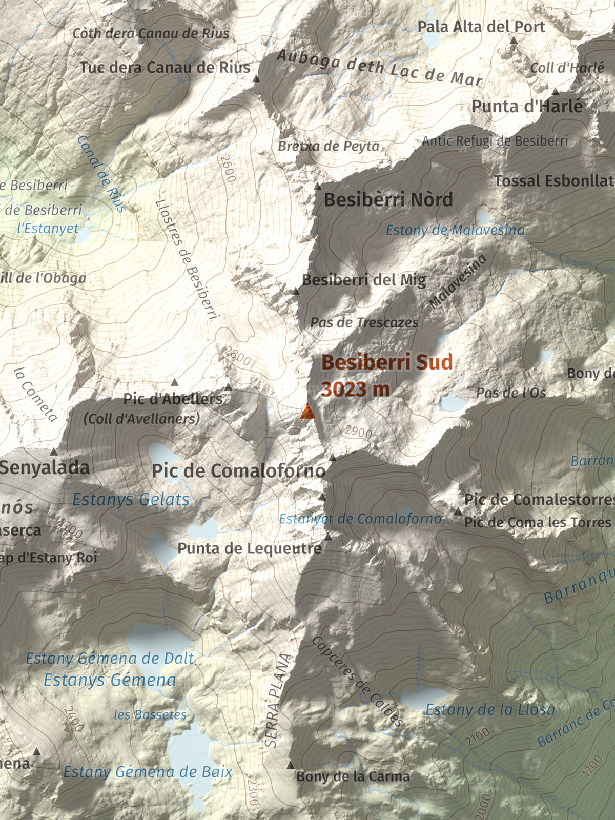 Mapa de relieve de Besiberri Sud, 3023 m, Alta Ribagorça, lámina 100 Cims de Trobart. Detalle de la zona central. 30 × 40 cm.