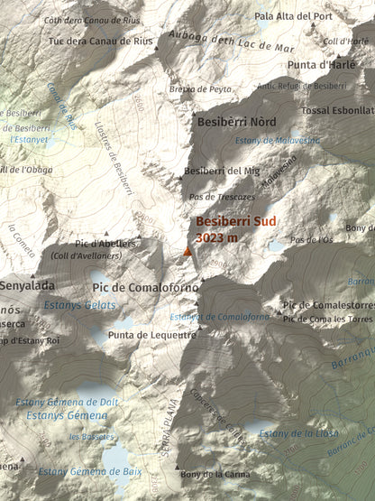 Mapa de relieve de Besiberri Sud, 3023 m, Alta Ribagorça, lámina 100 Cims de Trobart. Detalle de la zona central. 30 × 40 cm.
