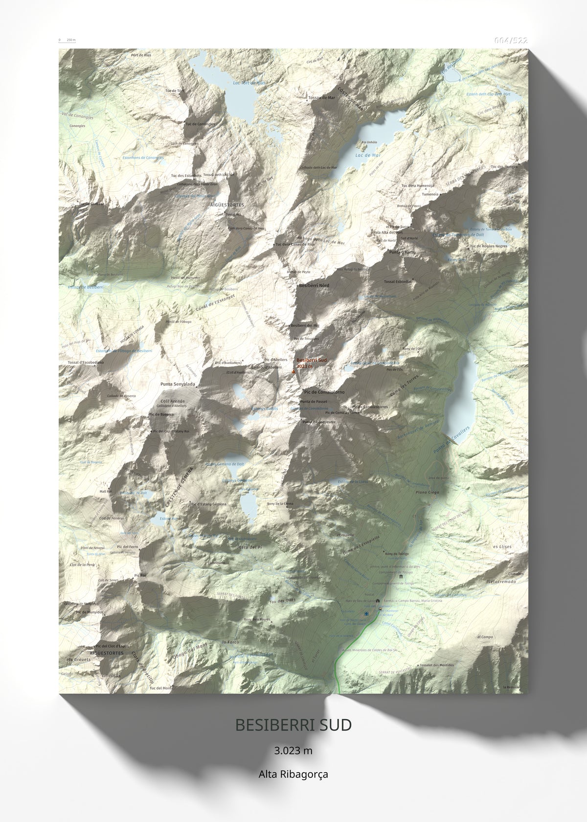 Mapa de relieve de Besiberri Sud, 3023 m, Alta Ribagorça, lámina 100 Cims de Trobart 50 × 70 cm.