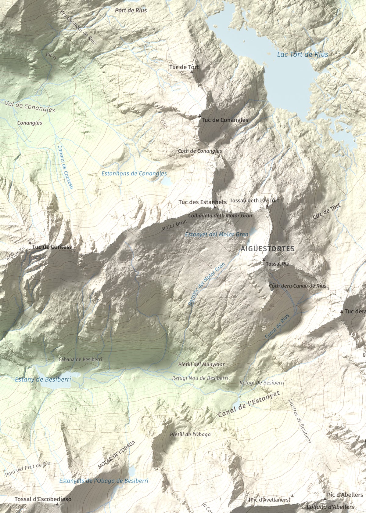 Mapa de relieve de Besiberri Sud, 3023 m, Alta Ribagorça, lámina 100 Cims de Trobart. Detalle de la zona superior izquierda. 50 × 70 cm.