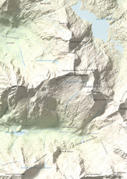 Mapa de relieve de Besiberri Sud, 3023 m, Alta Ribagorça, lámina 100 Cims de Trobart. Detalle de la zona superior izquierda. 50 × 70 cm.