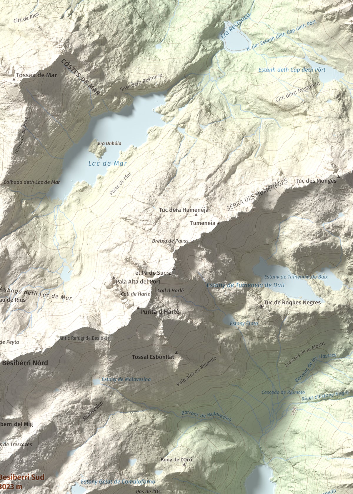 Mapa de relieve de Besiberri Sud, 3023 m, Alta Ribagorça, lámina 100 Cims de Trobart. Detalle de la zona superior derecha. 50 × 70 cm.
