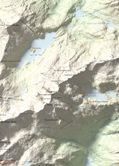Mapa de relieve de Besiberri Sud, 3023 m, Alta Ribagorça, lámina 100 Cims de Trobart. Detalle de la zona superior derecha. 50 × 70 cm.