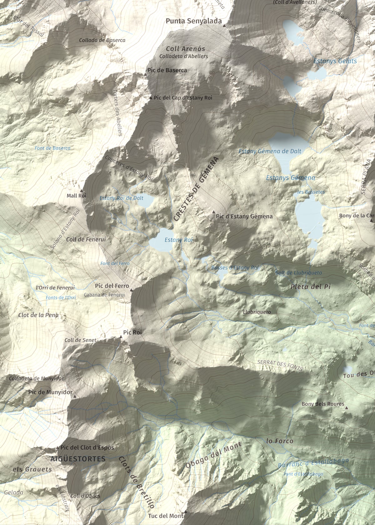 Mapa de relieve de Besiberri Sud, 3023 m, Alta Ribagorça, lámina 100 Cims de Trobart. Detalle de la zona inferior izquierda. 50 × 70 cm.
