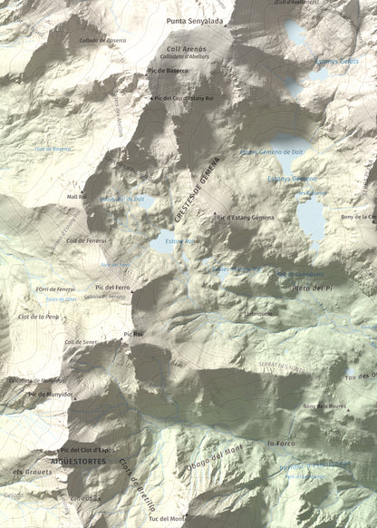 Mapa de relieve de Besiberri Sud, 3023 m, Alta Ribagorça, lámina 100 Cims de Trobart. Detalle de la zona inferior izquierda. 50 × 70 cm.