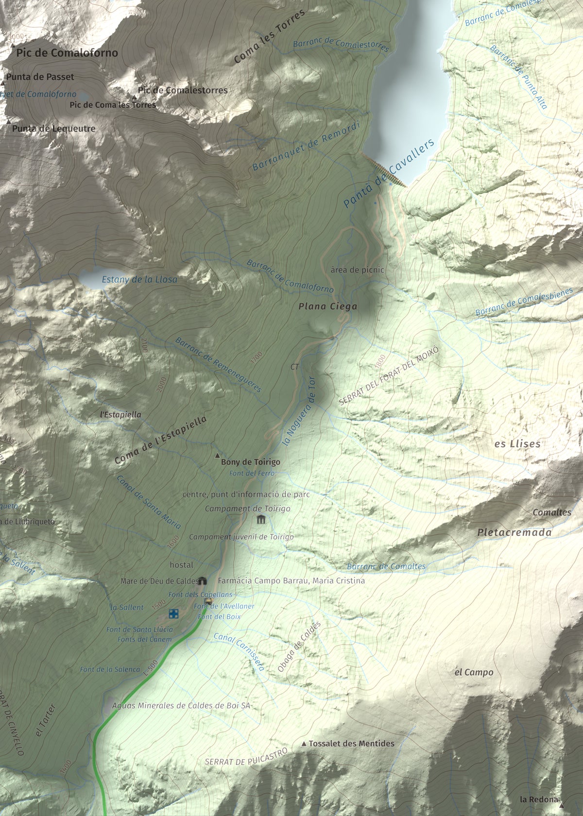 Mapa de relieve de Besiberri Sud, 3023 m, Alta Ribagorça, lámina 100 Cims de Trobart. Detalle de la zona inferior derecha. 50 × 70 cm.