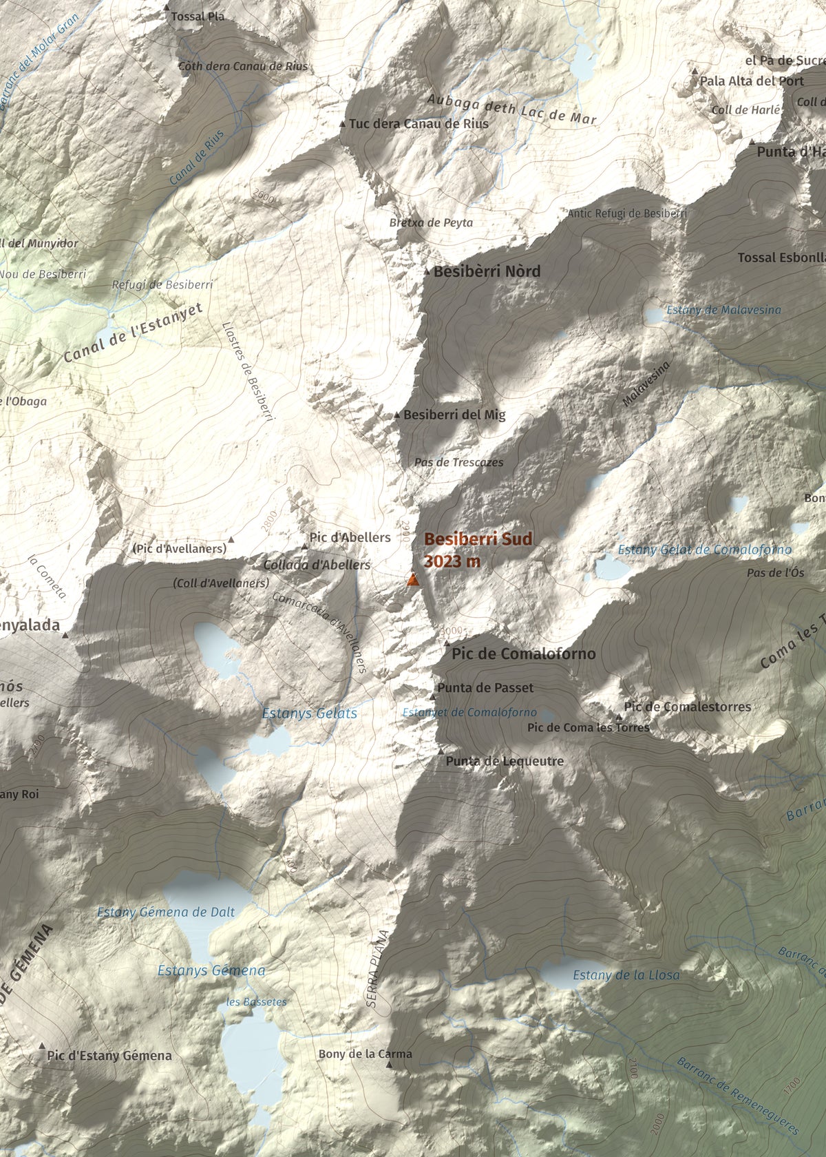 Mapa de relieve de Besiberri Sud, 3023 m, Alta Ribagorça, lámina 100 Cims de Trobart. Detalle de la zona central. 50 × 70 cm.