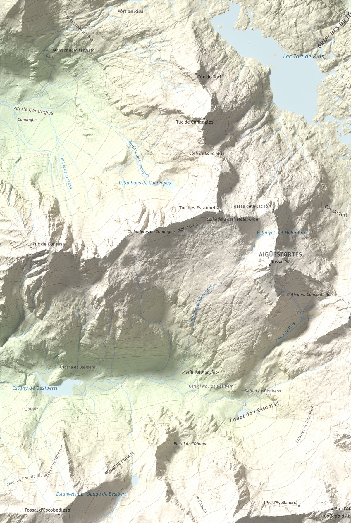 Mapa de relieve de Besiberri Sud, 3023 m, Alta Ribagorça, lámina 100 Cims de Trobart. Detalle de la zona superior izquierda. 61 × 91 cm.