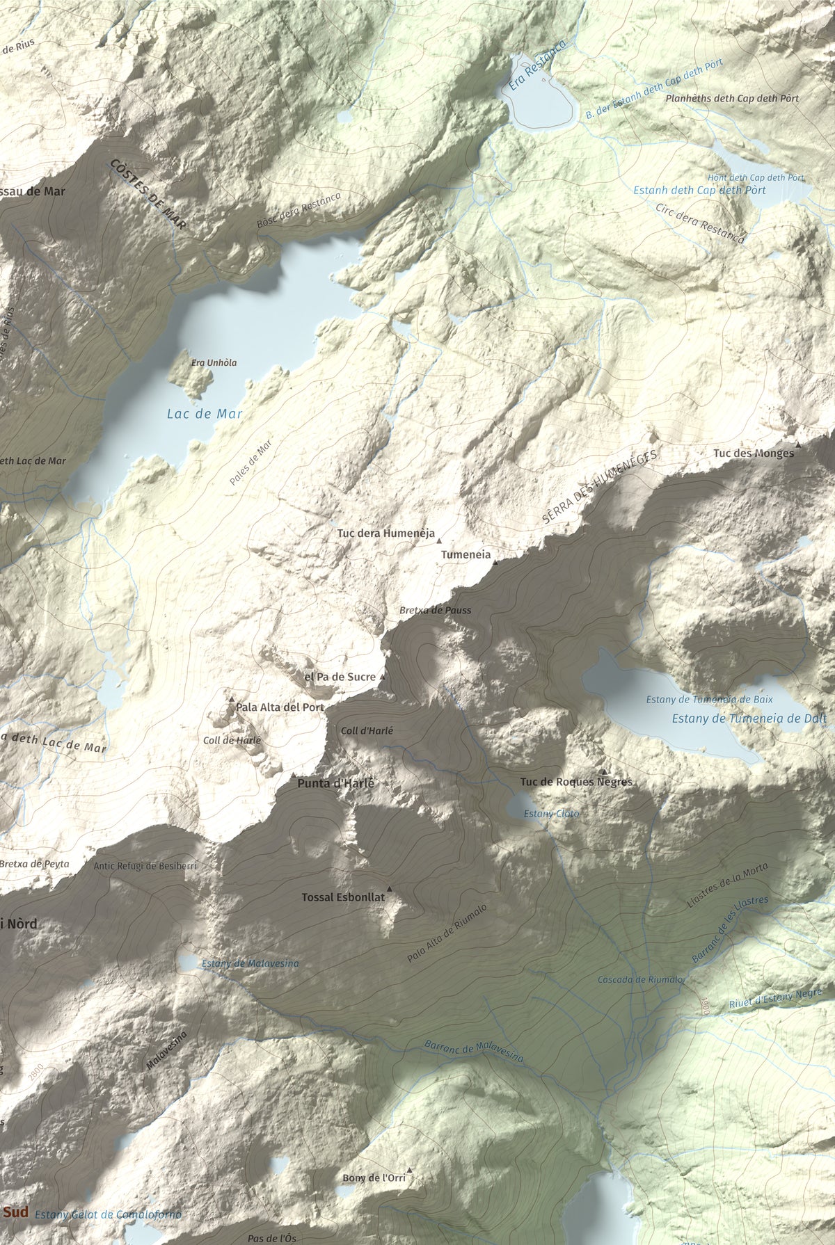 Mapa de relieve de Besiberri Sud, 3023 m, Alta Ribagorça, lámina 100 Cims de Trobart. Detalle de la zona superior derecha. 61 × 91 cm.
