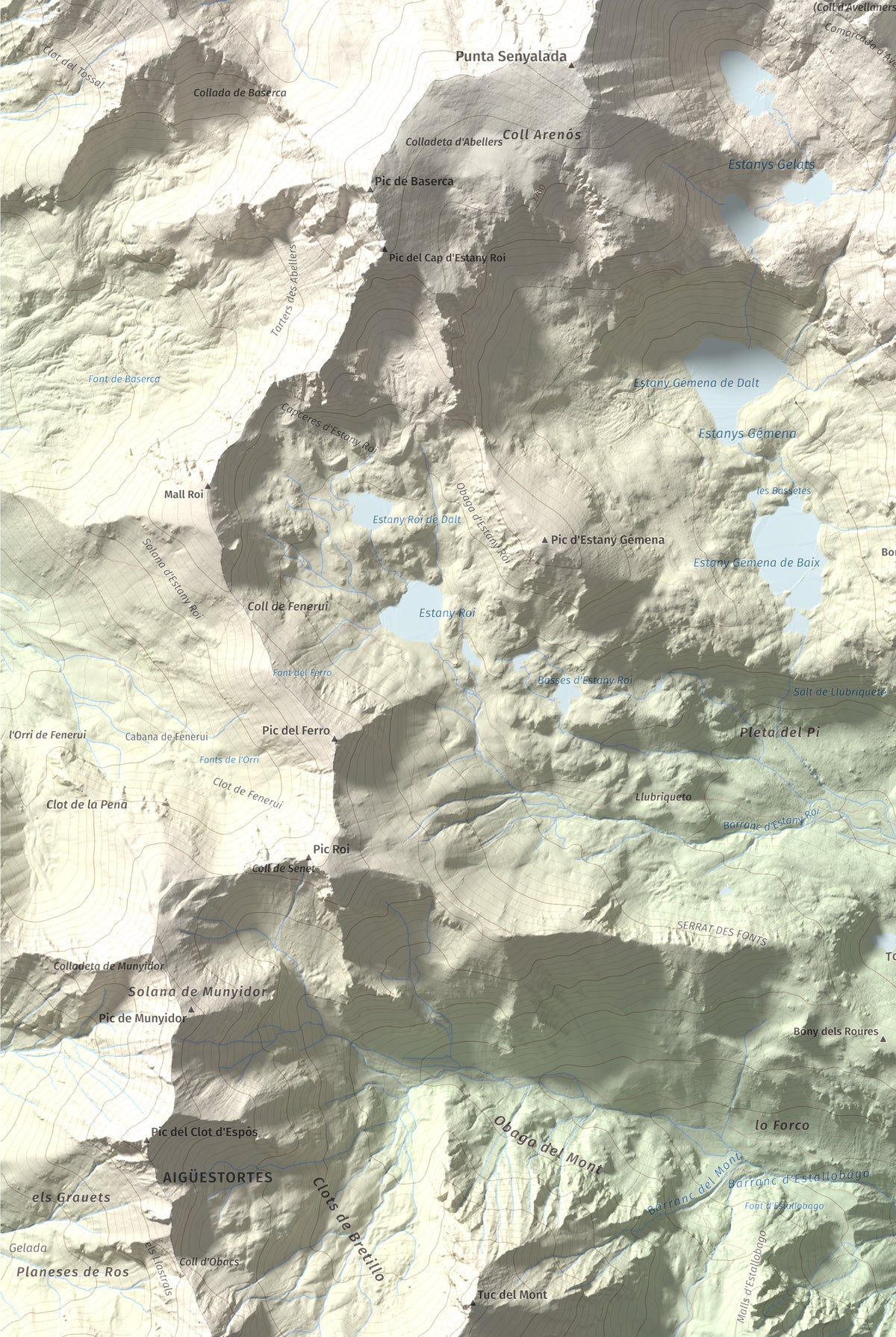 Mapa de relieve de Besiberri Sud, 3023 m, Alta Ribagorça, lámina 100 Cims de Trobart. Detalle de la zona inferior izquierda. 61 × 91 cm.