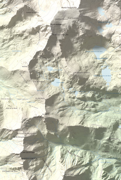 Mapa de relieve de Besiberri Sud, 3023 m, Alta Ribagorça, lámina 100 Cims de Trobart. Detalle de la zona inferior izquierda. 61 × 91 cm.