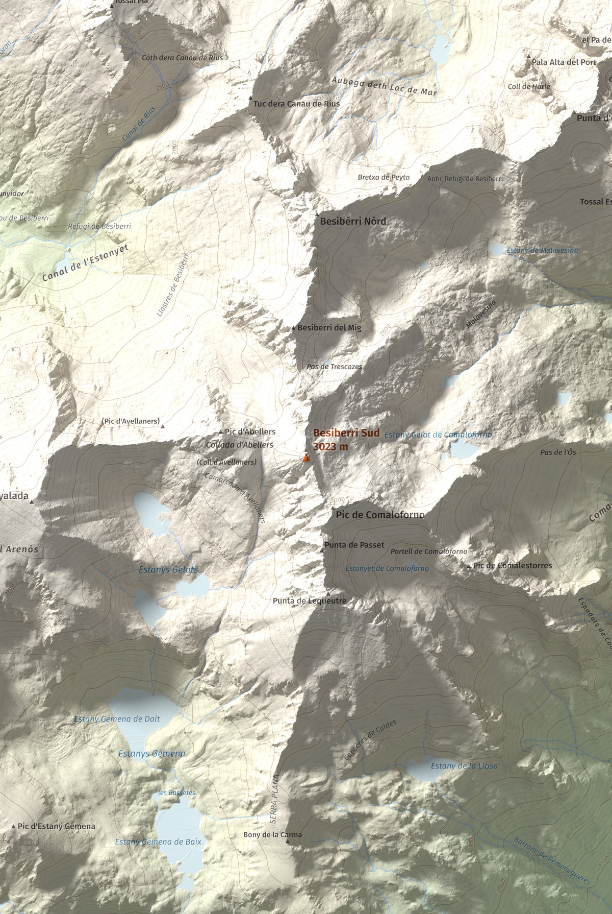 Mapa de relieve de Besiberri Sud, 3023 m, Alta Ribagorça, lámina 100 Cims de Trobart. Detalle de la zona central. 61 × 91 cm.
