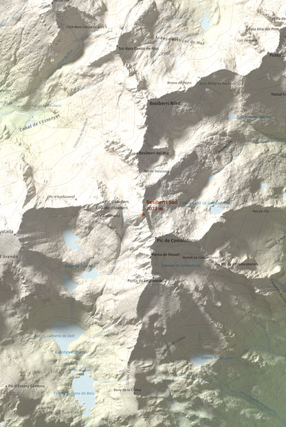 Mapa de relieve de Besiberri Sud, 3023 m, Alta Ribagorça, lámina 100 Cims de Trobart. Detalle de la zona central. 61 × 91 cm.