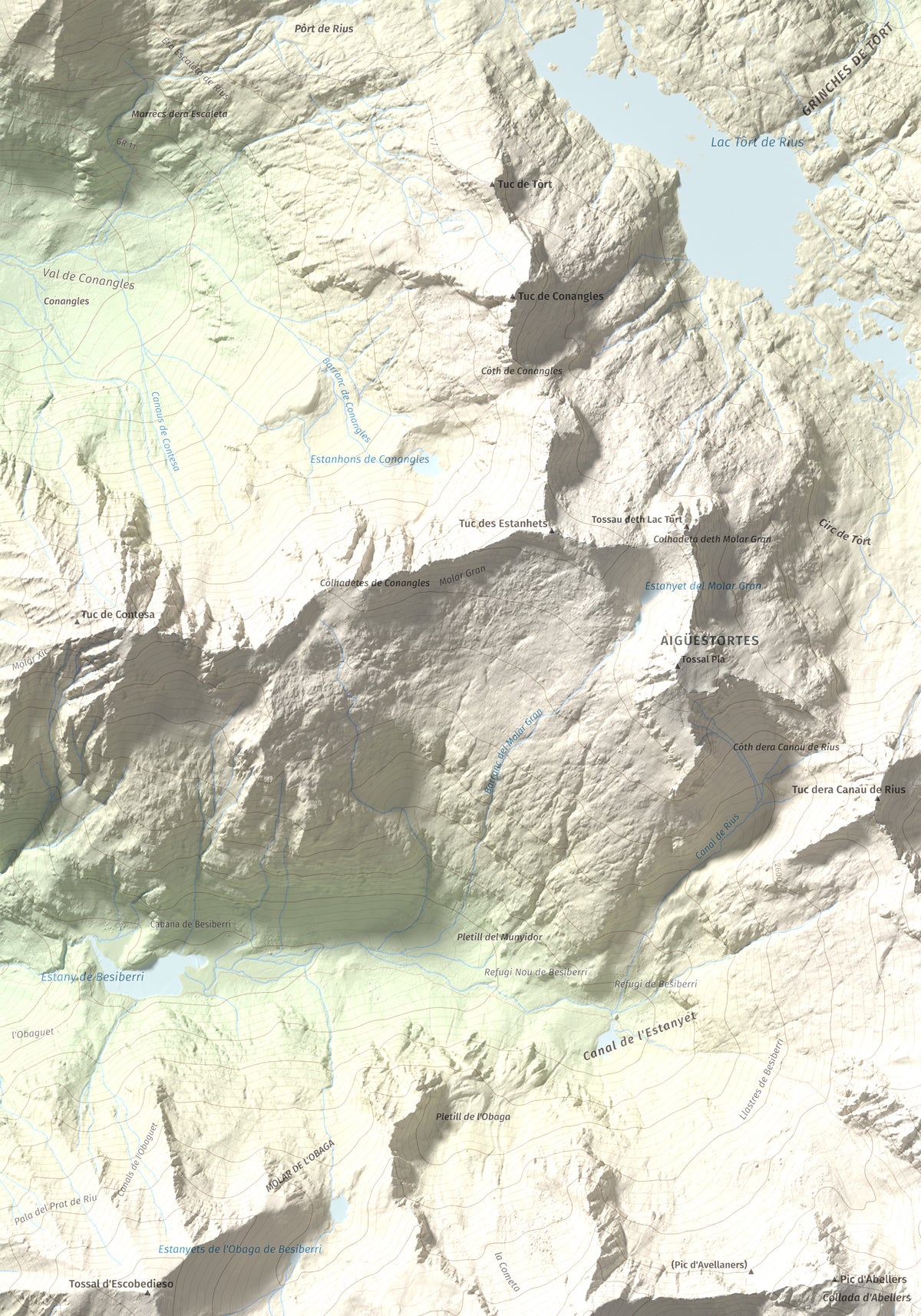 Mapa de relieve de Besiberri Sud, 3023 m, Alta Ribagorça, lámina 100 Cims de Trobart. Detalle de la zona superior izquierda. 70 × 100 cm.