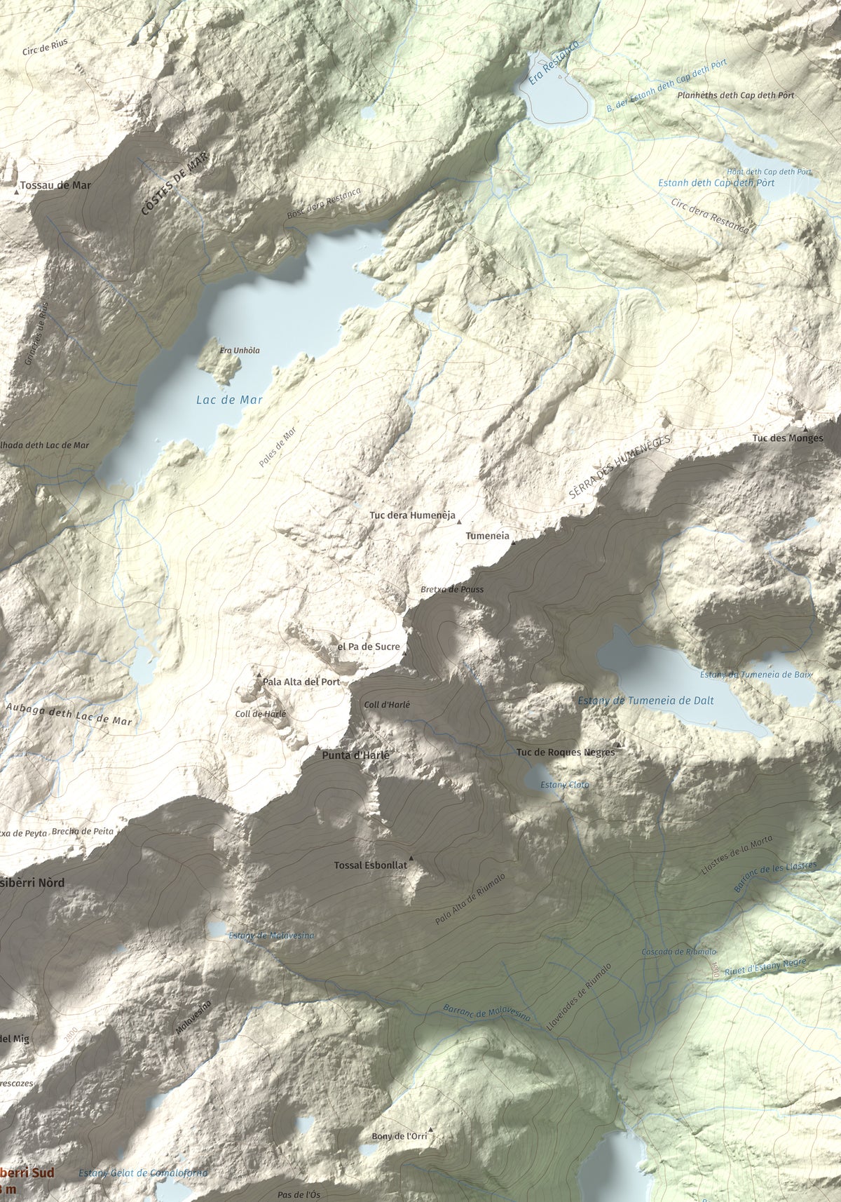 Mapa de relieve de Besiberri Sud, 3023 m, Alta Ribagorça, lámina 100 Cims de Trobart. Detalle de la zona superior derecha. 70 × 100 cm.