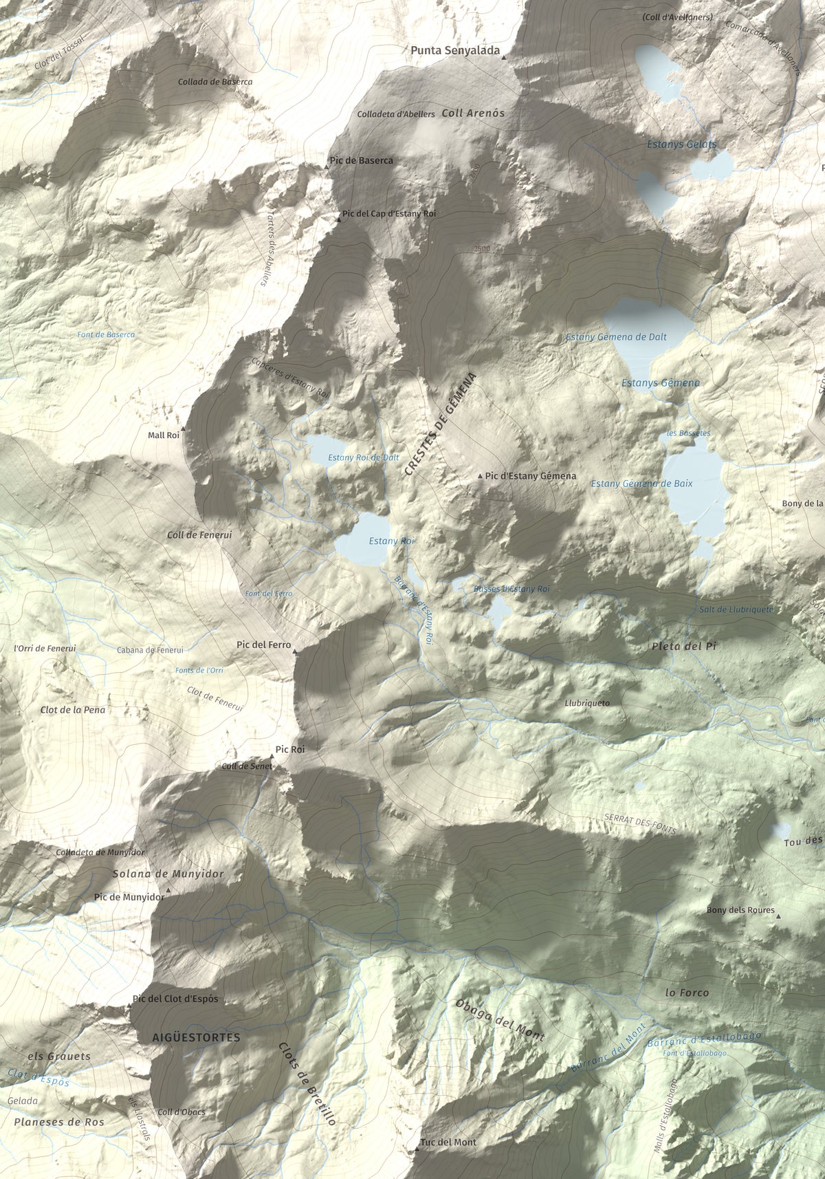 Mapa de relieve de Besiberri Sud, 3023 m, Alta Ribagorça, lámina 100 Cims de Trobart. Detalle de la zona inferior izquierda. 70 × 100 cm.
