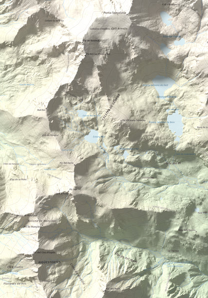 Mapa de relieve de Besiberri Sud, 3023 m, Alta Ribagorça, lámina 100 Cims de Trobart. Detalle de la zona inferior izquierda. 70 × 100 cm.