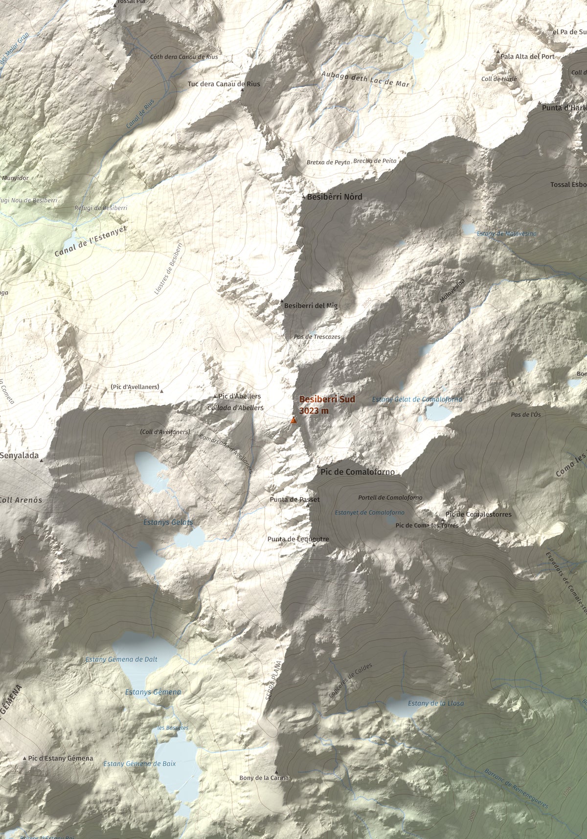 Mapa de relieve de Besiberri Sud, 3023 m, Alta Ribagorça, lámina 100 Cims de Trobart. Detalle de la zona central. 70 × 100 cm.