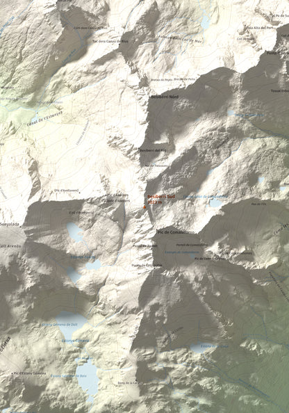 Mapa de relieve de Besiberri Sud, 3023 m, Alta Ribagorça, lámina 100 Cims de Trobart. Detalle de la zona central. 70 × 100 cm.