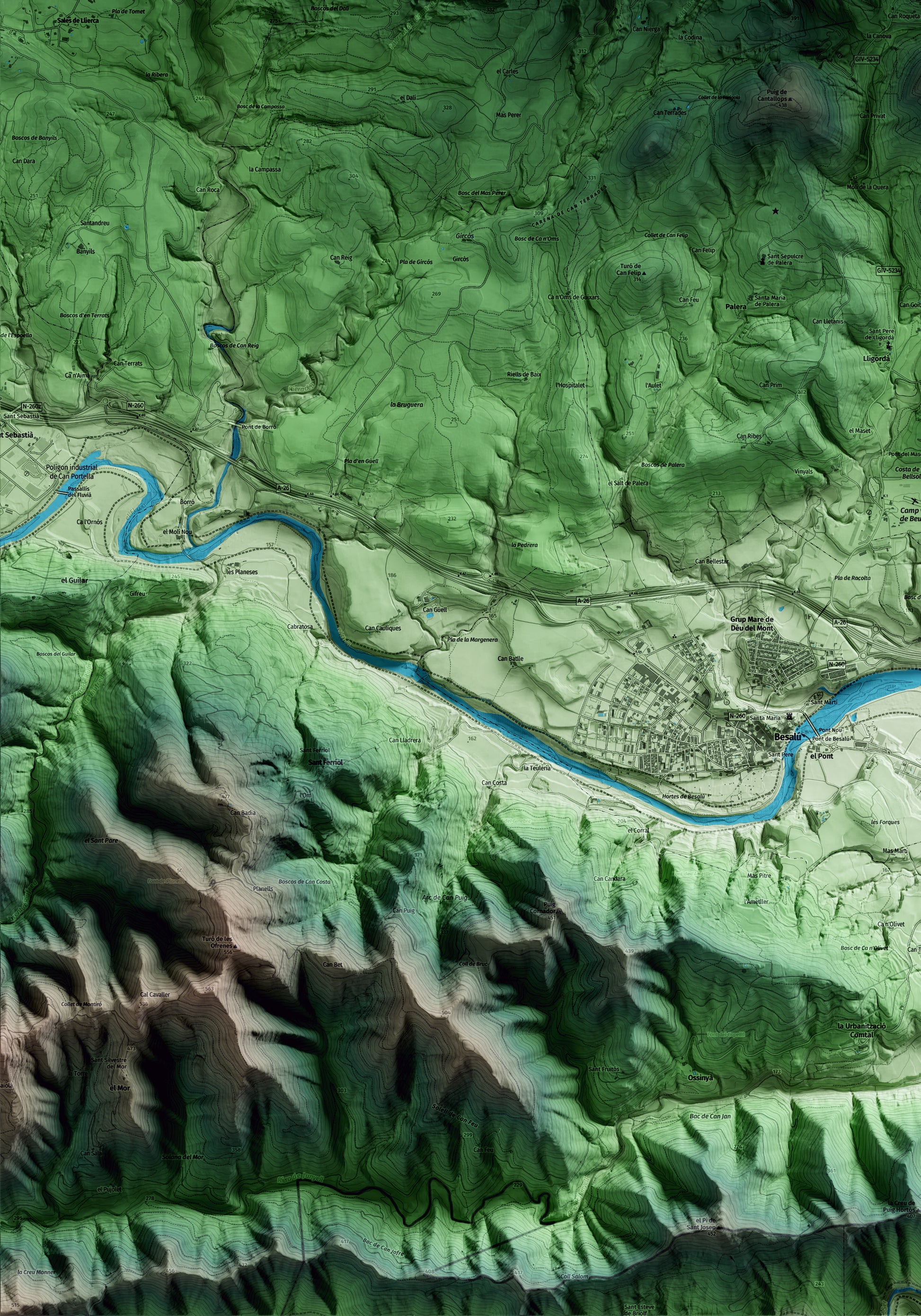 Mapa artístico del relieve de Beuda, a la Garrotxa, con 15 km de entorno y base topográfica ICGC. Detalle de la zona inferior izquierda.