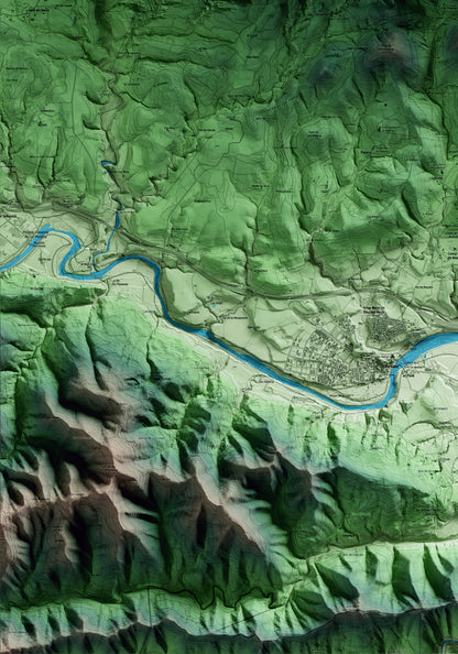 Mapa artístico del relieve de Beuda, a la Garrotxa, con 15 km de entorno y base topográfica ICGC. Detalle de la zona inferior izquierda.