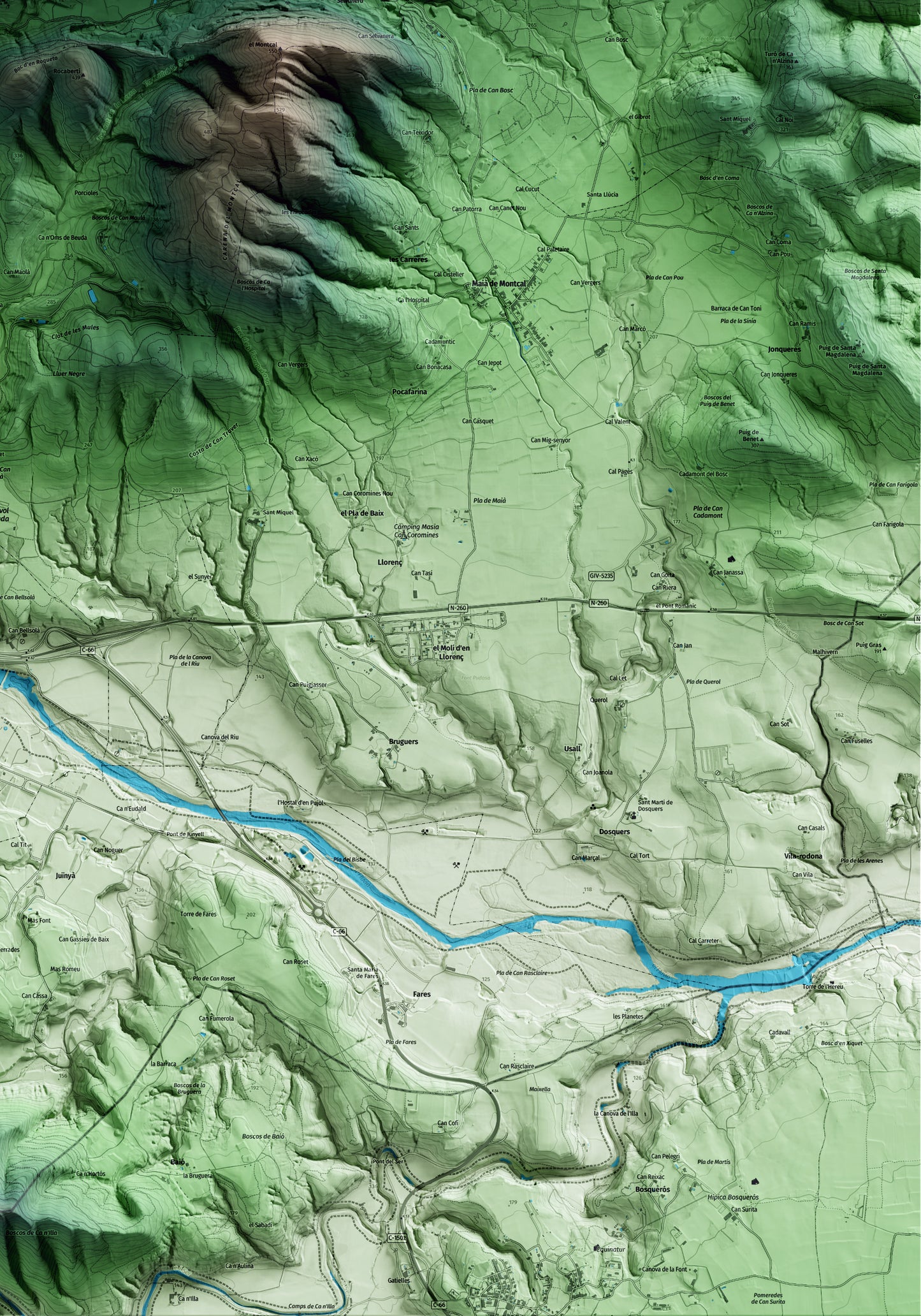 Mapa artístico del relieve de Beuda, a la Garrotxa, con 15 km de entorno y base topográfica ICGC. Detalle de la zona inferior derecha.
