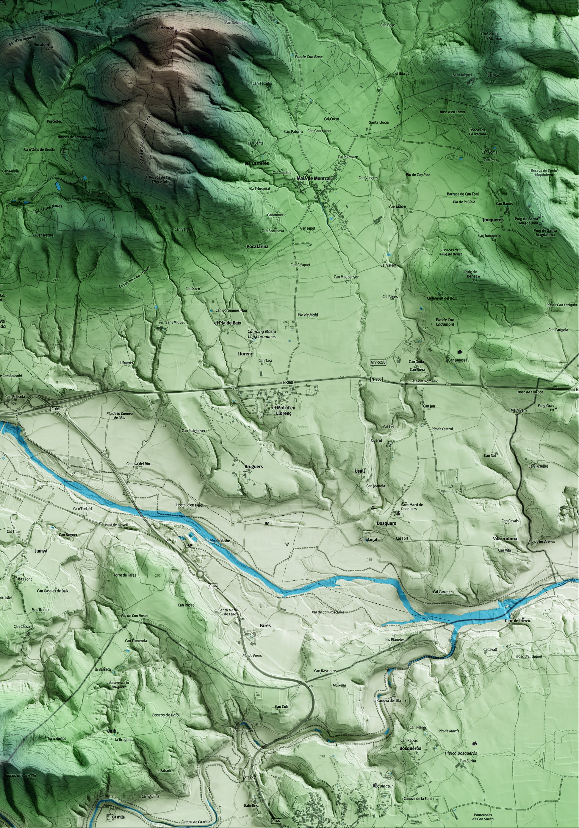 Mapa artístico del relieve de Beuda, a la Garrotxa, con 15 km de entorno y base topográfica ICGC. Detalle de la zona inferior derecha.