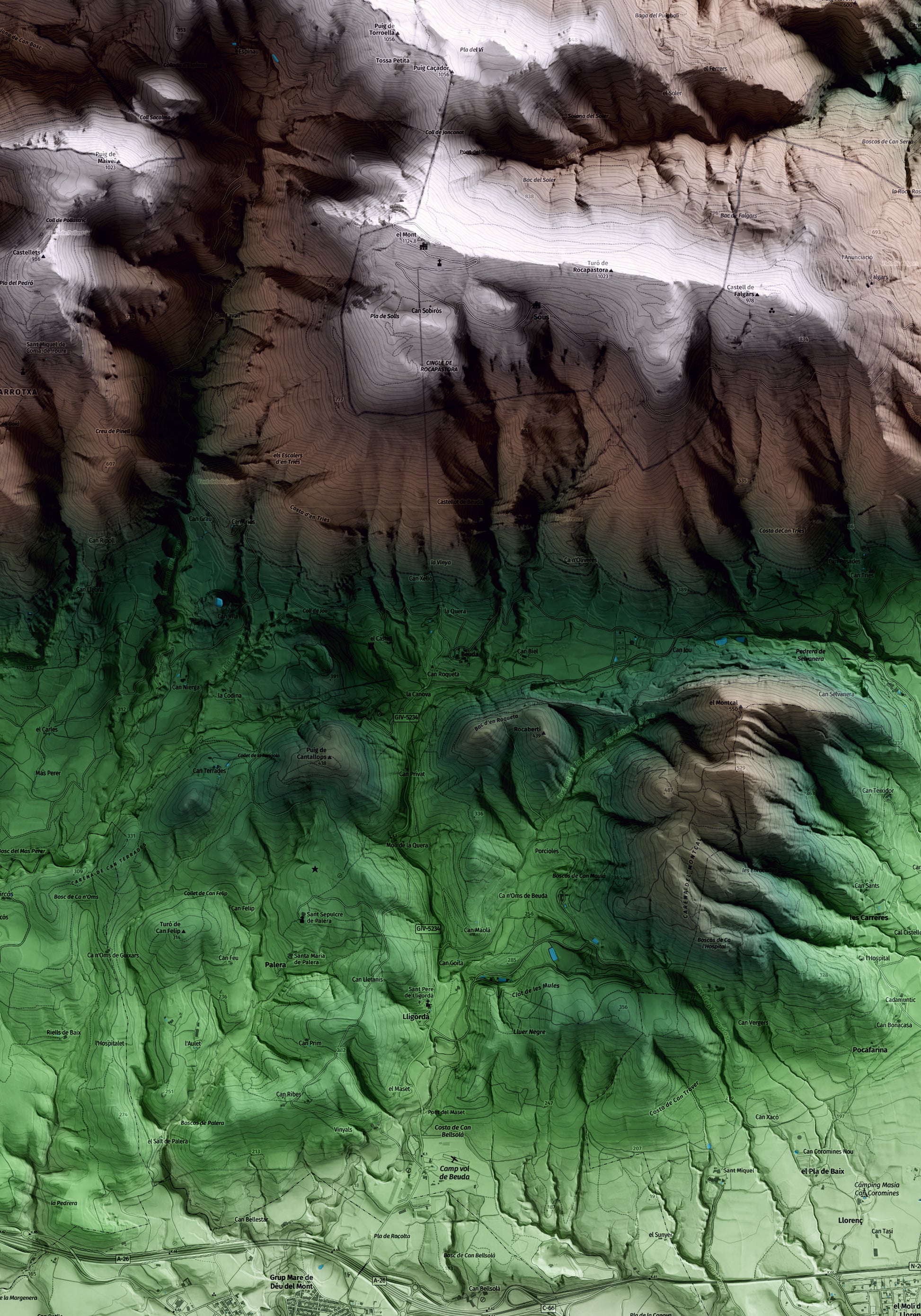 Mapa artístico del relieve de Beuda, a la Garrotxa, con 15 km de entorno y base topográfica ICGC. Detalle de la zona central.