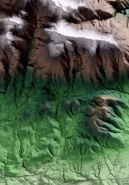 Mapa artístico del relieve de Beuda, a la Garrotxa, con 15 km de entorno y base topográfica ICGC. Detalle de la zona central.