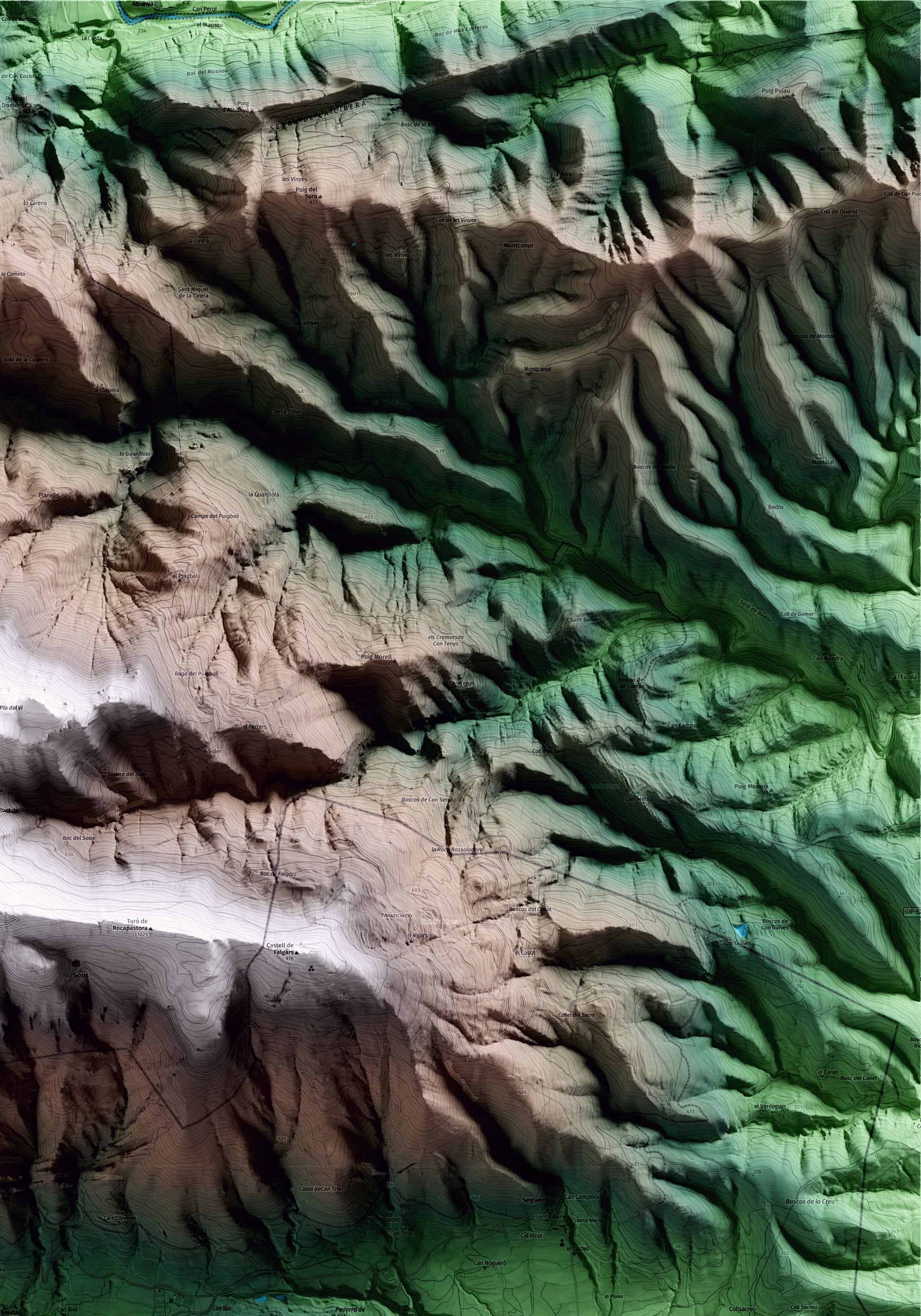 Mapa artístico del relieve de Beuda, a la Garrotxa, con 15 km de entorno y base topográfica ICGC. Detalle de la zona superior derecha.
