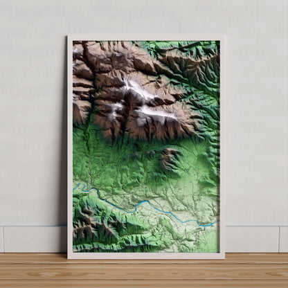 Mapa artístico del relieve de Beuda, a la Garrotxa, con 15 km de entorno y base topográfica ICGC. Presentación enmarcada.