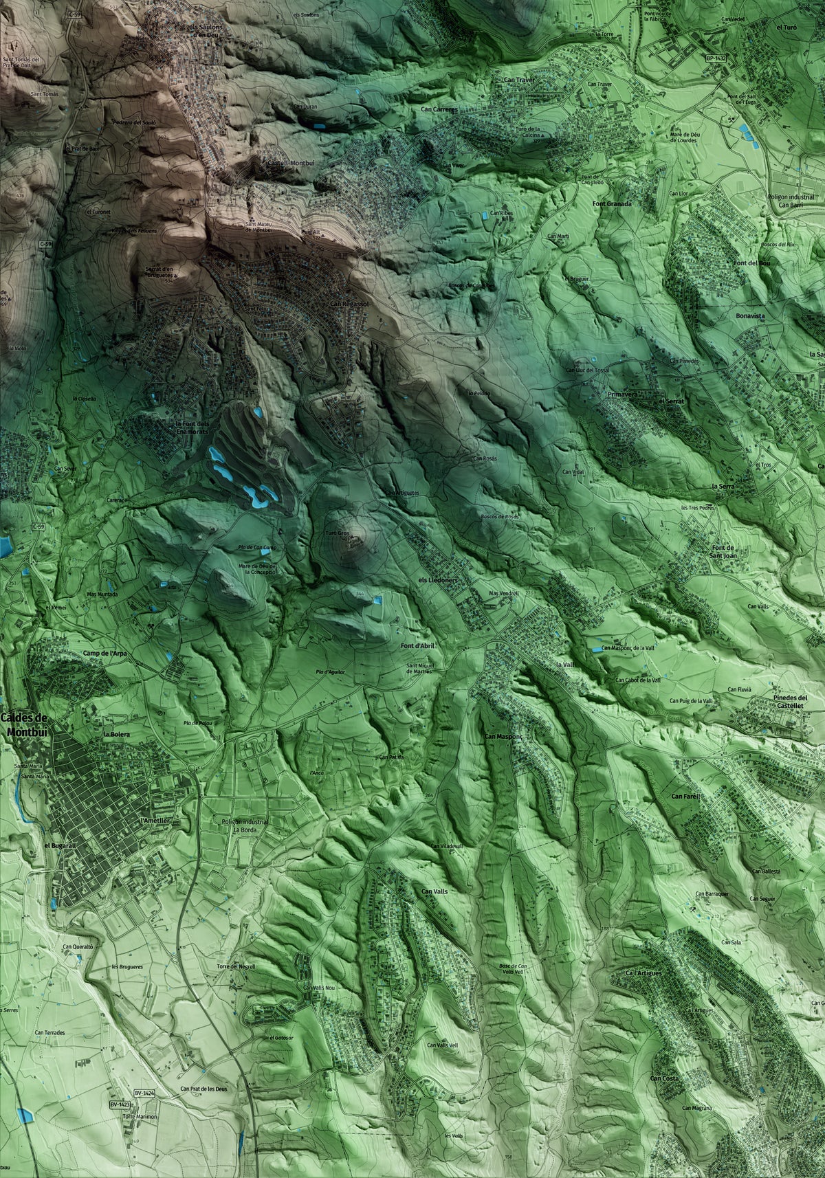 Mapa artístico del relieve de Bigues i Riells del Fai, al Vallès Oriental, con 15 km de entorno y base topográfica ICGC. Detalle de la zona inferior izquierda.
