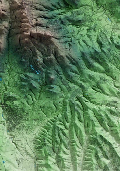 Mapa artístico del relieve de Bigues i Riells del Fai, al Vallès Oriental, con 15 km de entorno y base topográfica ICGC. Detalle de la zona inferior izquierda.
