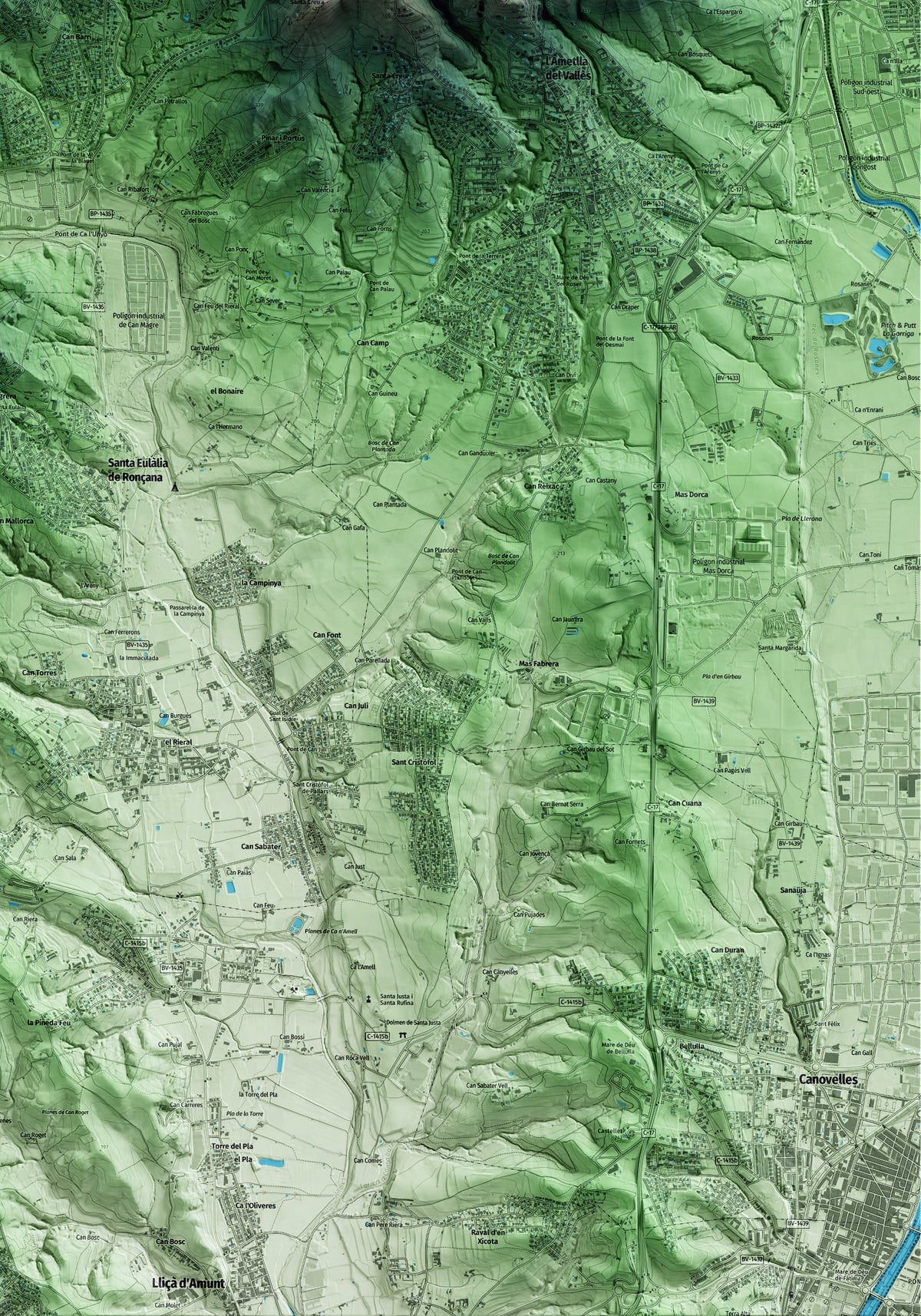 Mapa artístico del relieve de Bigues i Riells del Fai, al Vallès Oriental, con 15 km de entorno y base topográfica ICGC. Detalle de la zona inferior derecha.