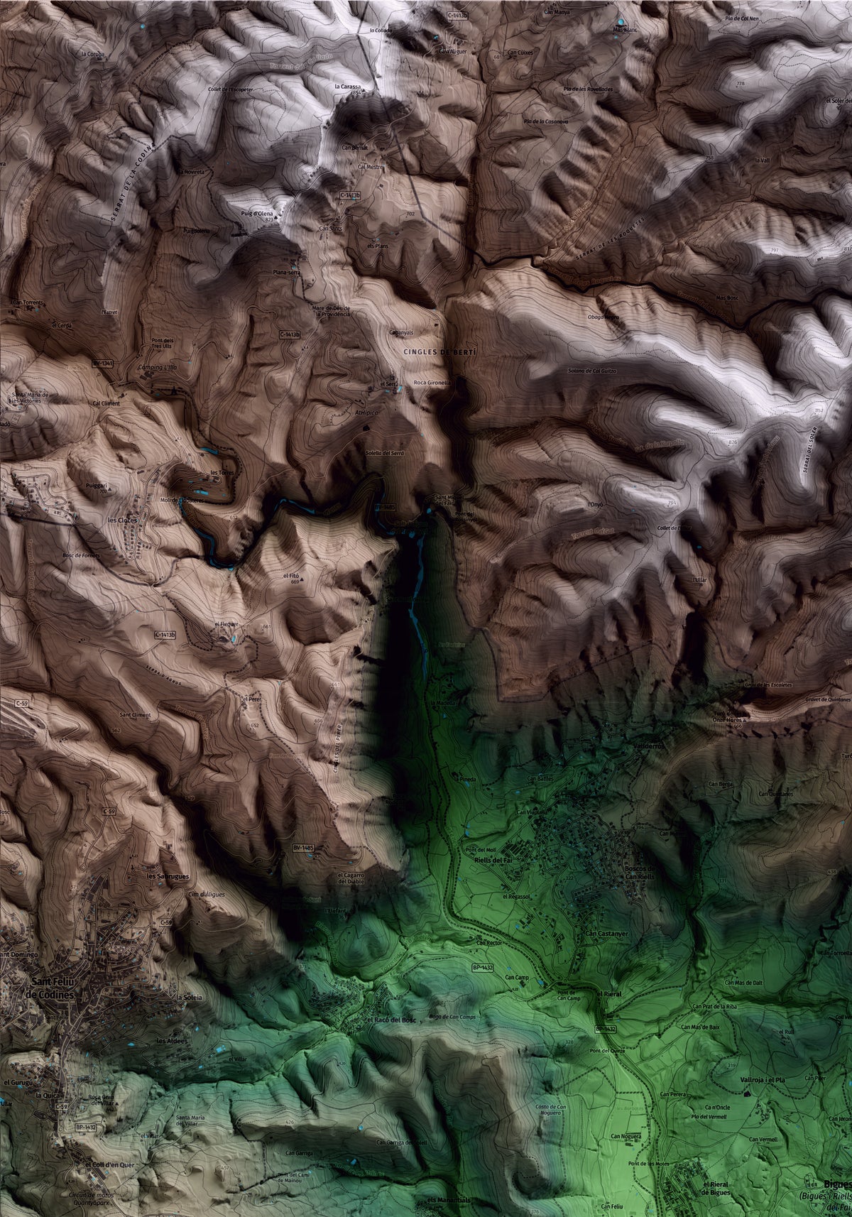 Mapa artístico del relieve de Bigues i Riells del Fai, al Vallès Oriental, con 15 km de entorno y base topográfica ICGC. Detalle de la zona superior izquierda.
