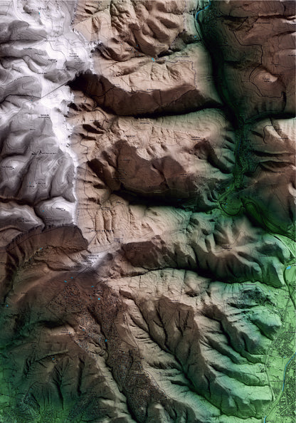 Mapa artístico del relieve de Bigues i Riells del Fai, al Vallès Oriental, con 15 km de entorno y base topográfica ICGC. Detalle de la zona superior derecha.