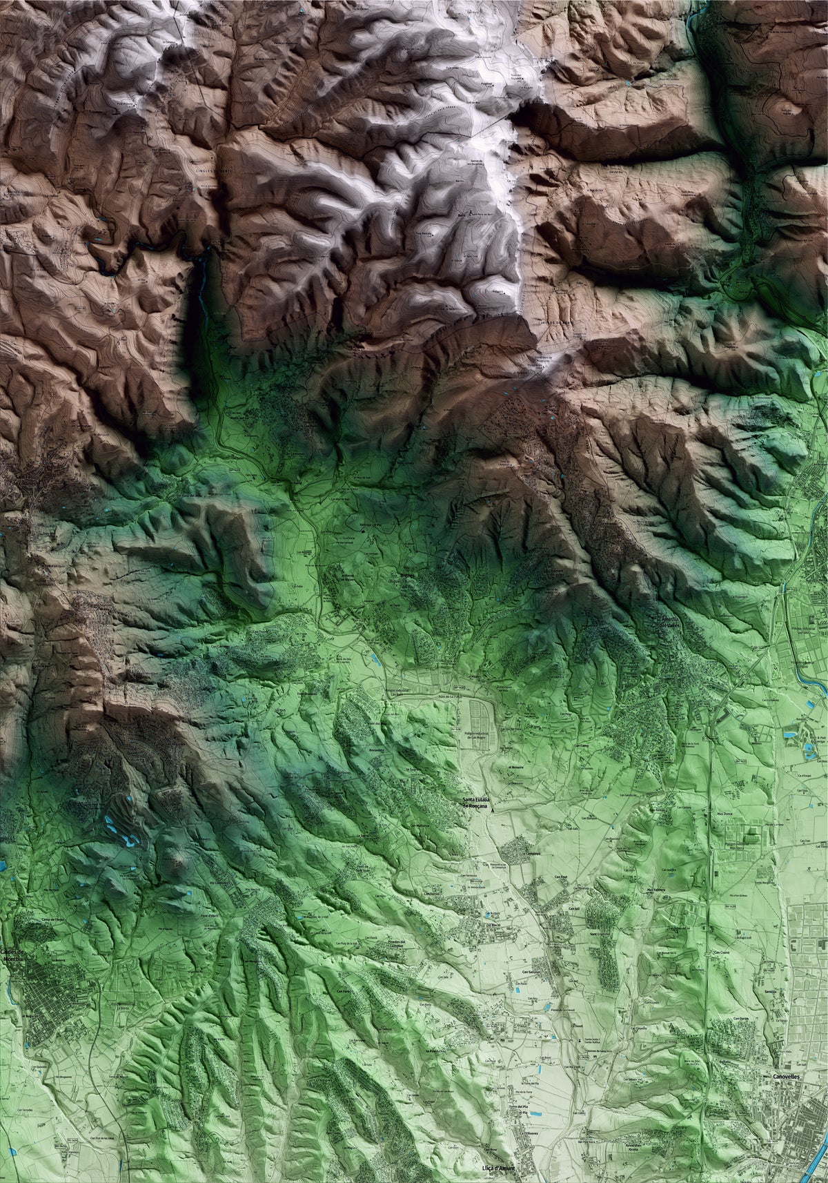 Mapa artístico del relieve de Bigues i Riells del Fai, al Vallès Oriental, con 15 km de entorno y base topográfica ICGC