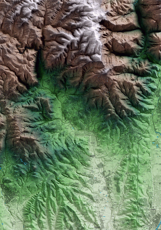 Mapa artístico del relieve de Bigues i Riells del Fai, al Vallès Oriental, con 15 km de entorno y base topográfica ICGC