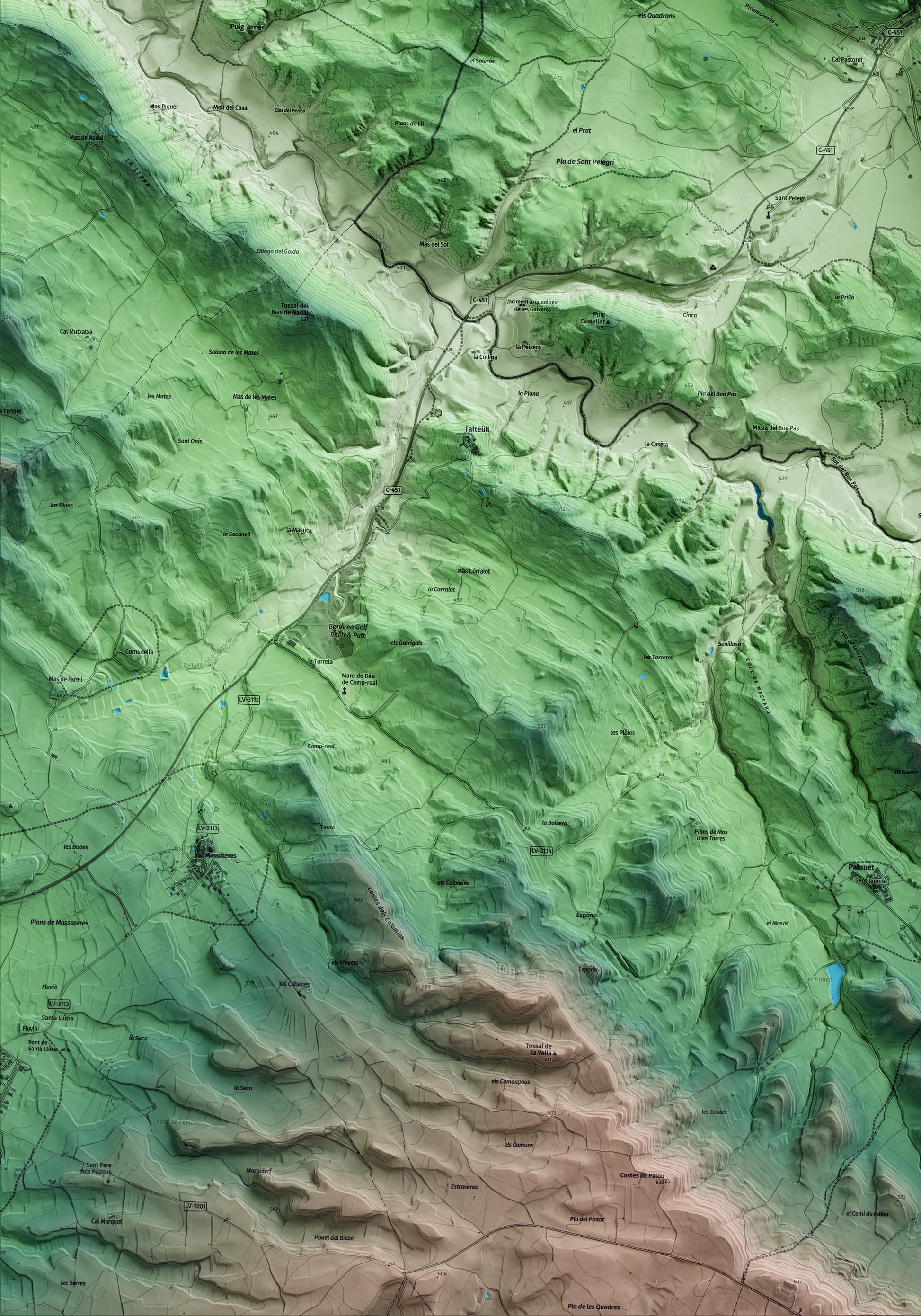 Mapa artístico del relieve de Biosca, al Solsonès, con 15 km de entorno y base topográfica ICGC. Detalle de la zona inferior izquierda.