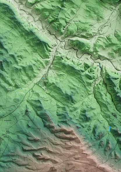 Mapa artístico del relieve de Biosca, al Solsonès, con 15 km de entorno y base topográfica ICGC. Detalle de la zona inferior izquierda.