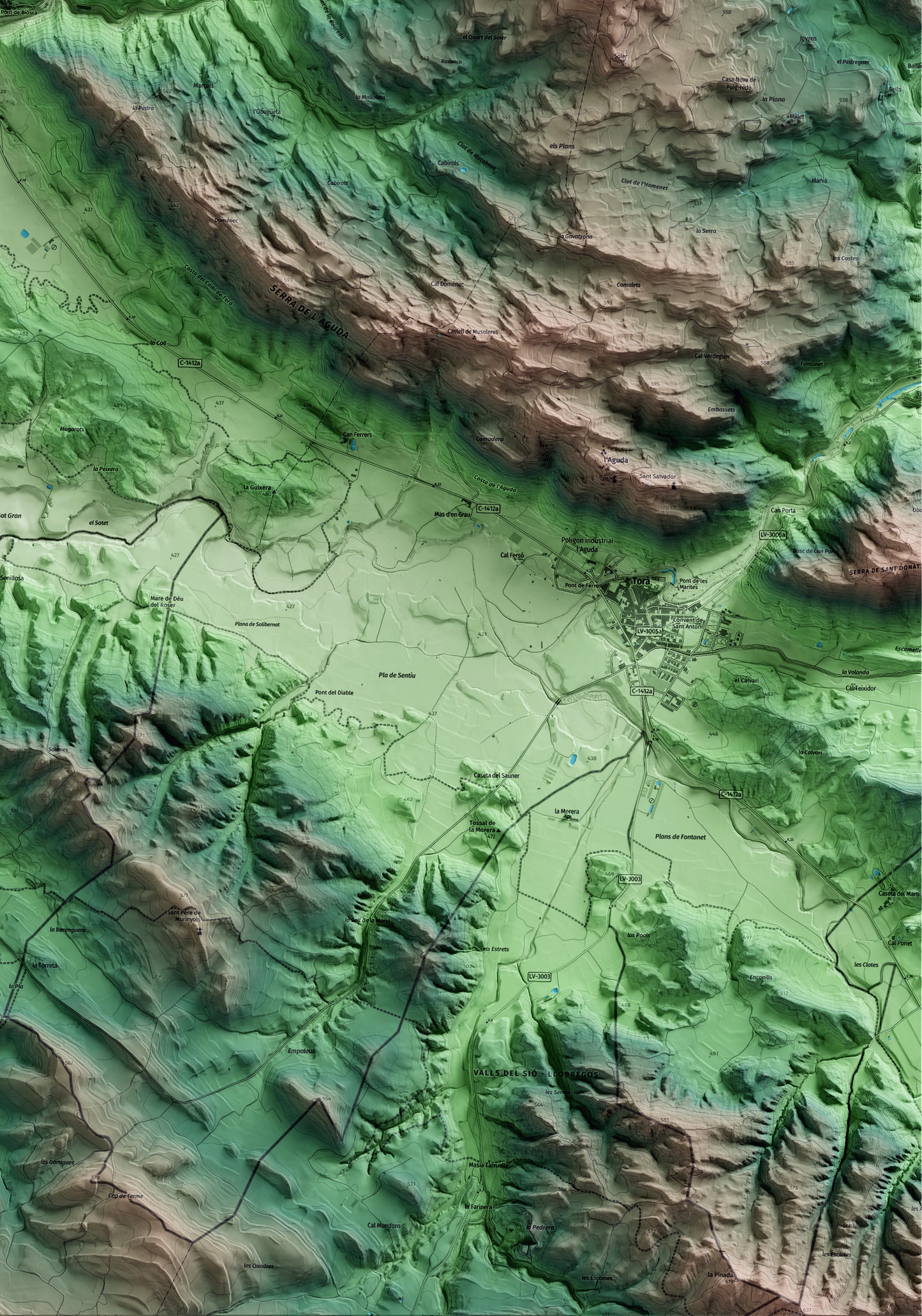Mapa artístico del relieve de Biosca, al Solsonès, con 15 km de entorno y base topográfica ICGC. Detalle de la zona inferior derecha.