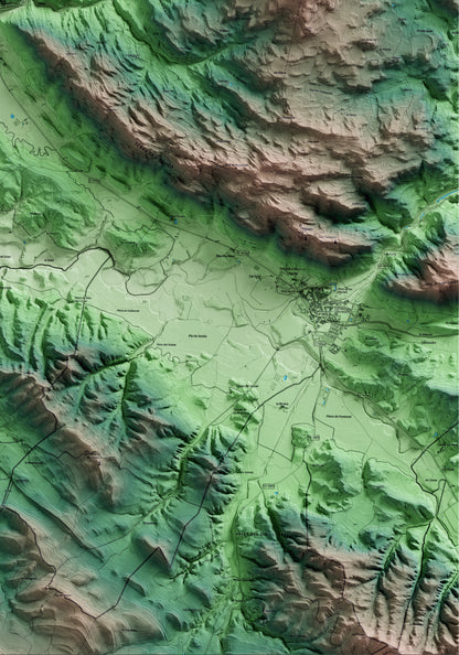 Mapa artístico del relieve de Biosca, al Solsonès, con 15 km de entorno y base topográfica ICGC. Detalle de la zona inferior derecha.