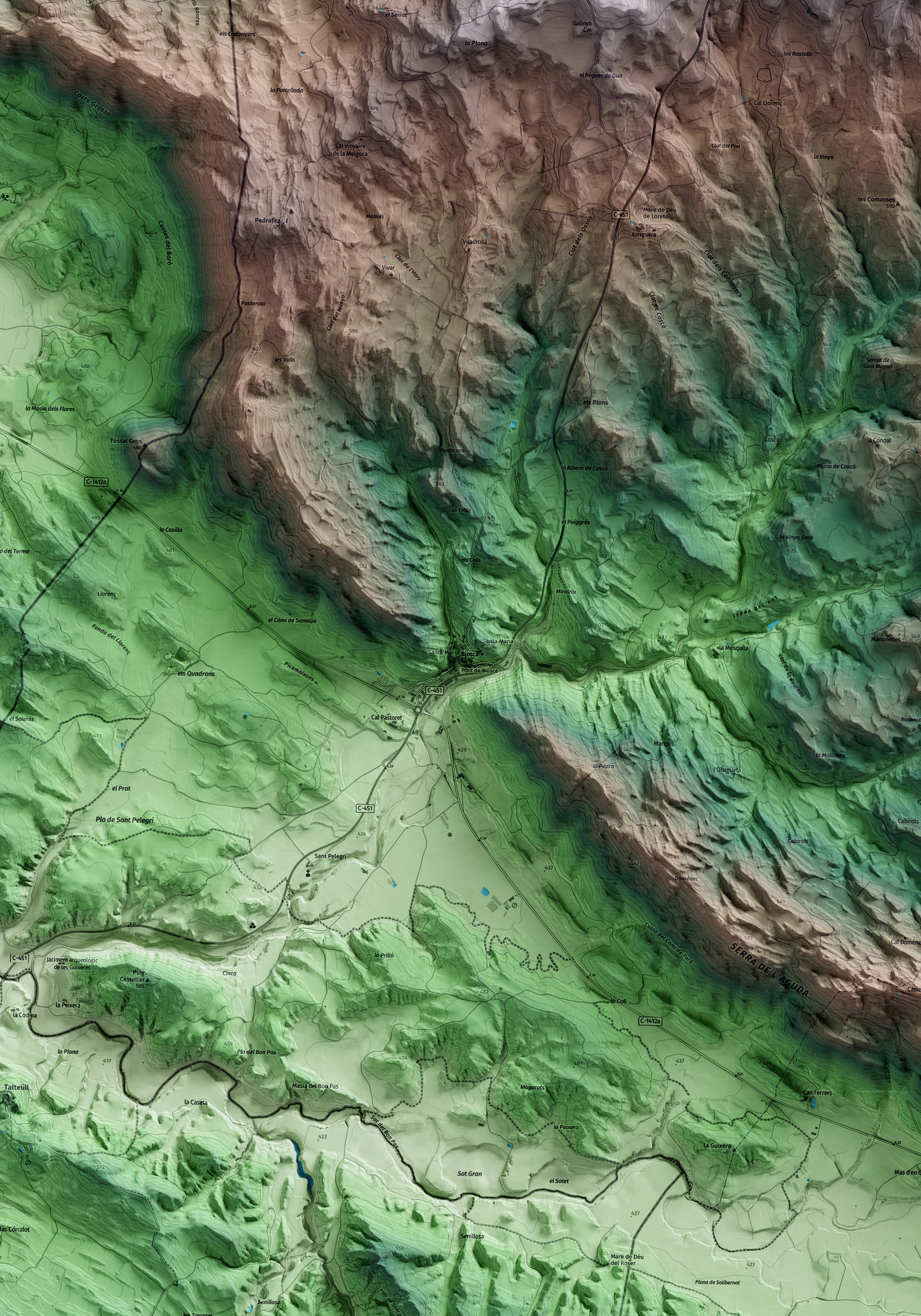 Mapa artístico del relieve de Biosca, al Solsonès, con 15 km de entorno y base topográfica ICGC. Detalle de la zona central.
