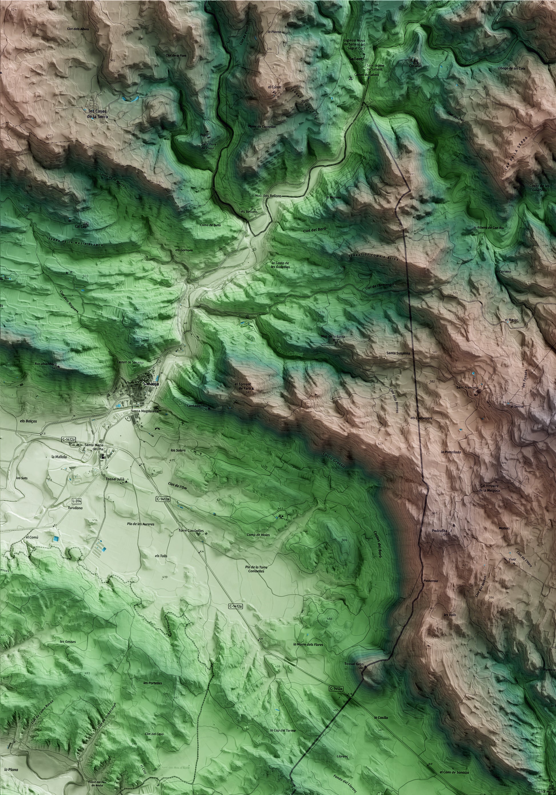 Mapa artístico del relieve de Biosca, al Solsonès, con 15 km de entorno y base topográfica ICGC. Detalle de la zona superior izquierda.