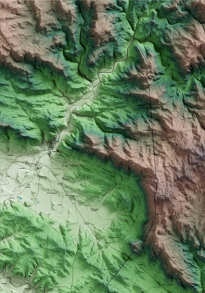 Mapa artístico del relieve de Biosca, al Solsonès, con 15 km de entorno y base topográfica ICGC. Detalle de la zona superior izquierda.