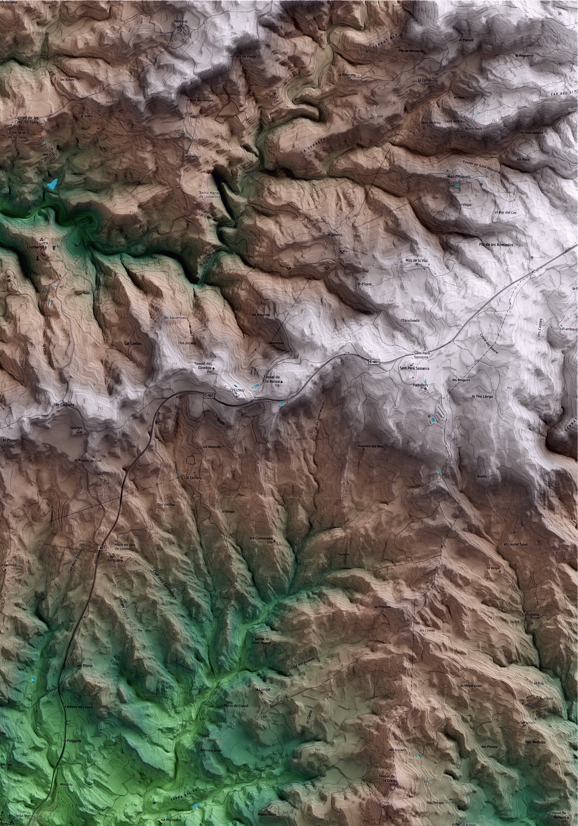 Mapa artístico del relieve de Biosca, al Solsonès, con 15 km de entorno y base topográfica ICGC. Detalle de la zona superior derecha.
